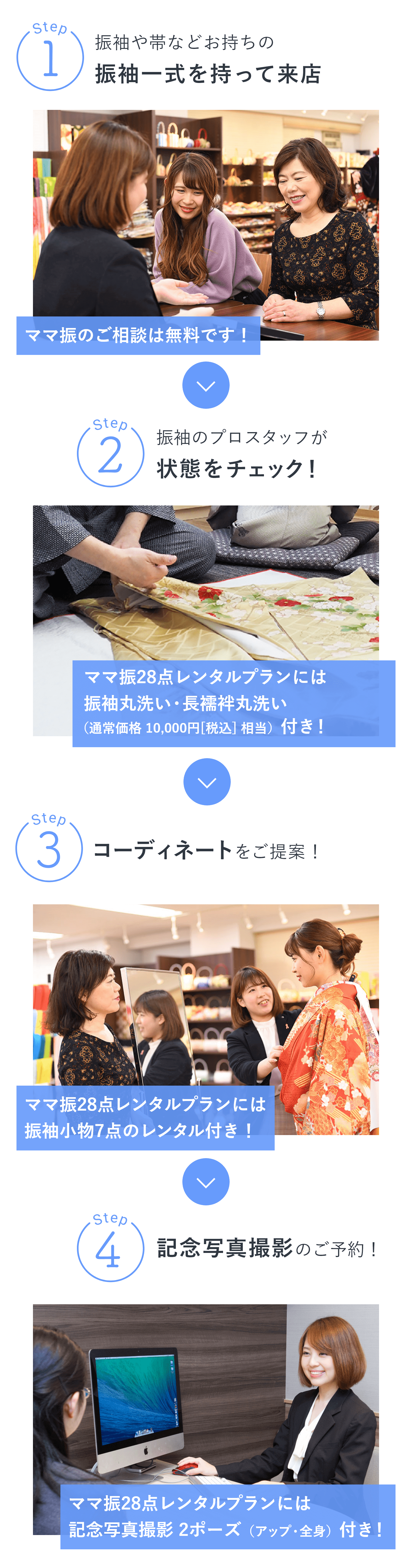 Step1 振袖や帯などお持ちの振袖一式を持って来店 Step2 振袖のプロスタッフが状態をチェック！　Step3 コーディネートをご提案！ Step4 記念写真撮影のご予約！